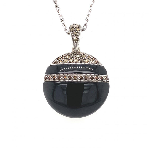 Sterling Silver Pendant With Round Onyx And Marcasites 