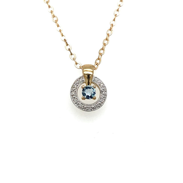 9ct 2tone Diamond bead set circle Pendant set with 3.5mm round Aquamarine. Display chain included