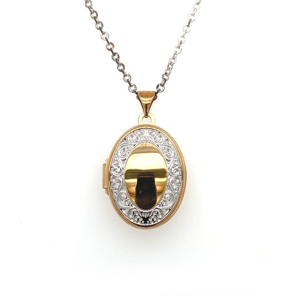  	9ct 2 Tone Engraved Oval Locket