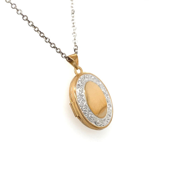  	9ct 2 Tone Engraved Oval Locket