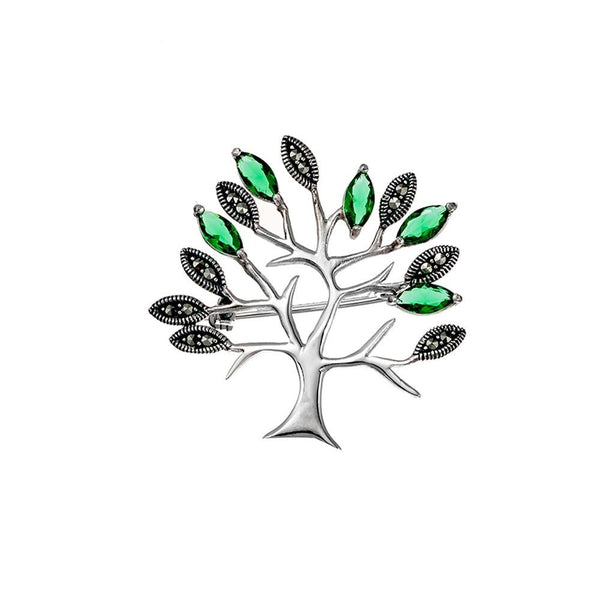 Sterling Silver Marcasite Tree Brooch With Green CZ stones
