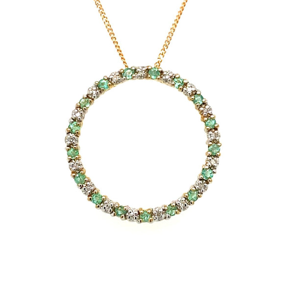 9ct Yellow Gold Natural Emerald And Diamond Circle of Life Pendant With Fine 9ct Yellow Gold Chain
