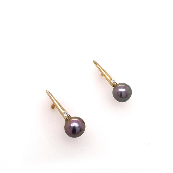 9ct Yellow Gold Black Freshwater Pearl And Diamond Stud Earrings