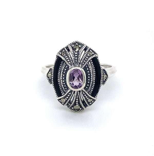 Sterling Silver Marcasite Amethyst And Black Enamel Ring