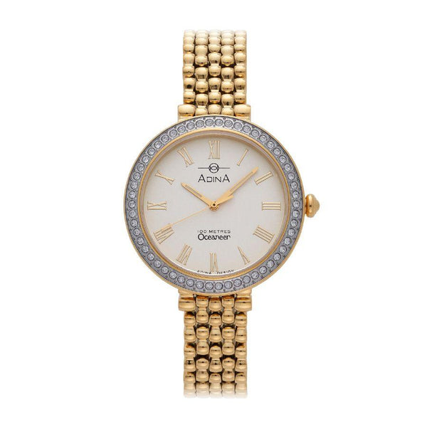 Ladies Adina Oceaneer Watch Roman Numerals Clear Stones Around Face Gold Band