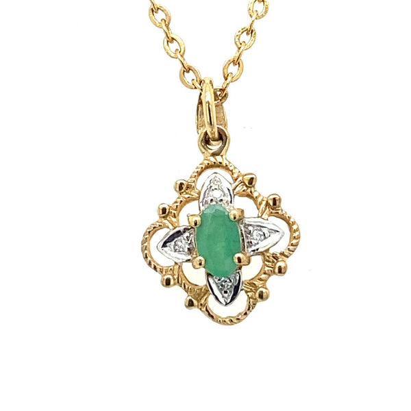  	9ct Yellow Gold Natural Emerald And Diamond Pendant