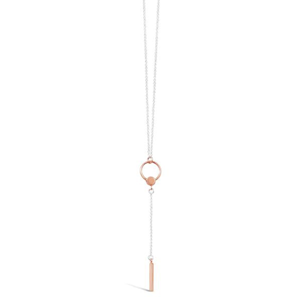 Sterling silver fine trace link chain, with rose gold plated circle and toggle style pendant, 60cm length