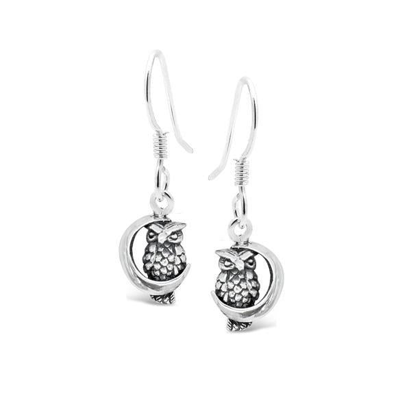  	Sterling silver owl and moon hook Earrings