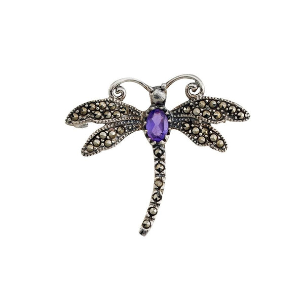  	Sterling Silver Marcasite Dragonfly Brooch With Amethyst