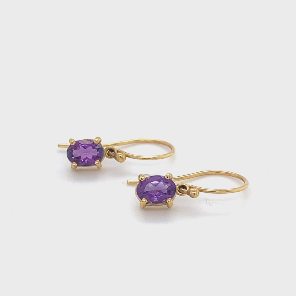 9ct Yellow Gold Oval Amethyst Drop Earrings