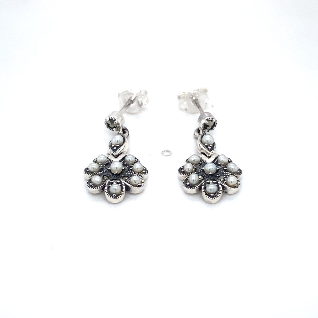 Silver Marcasite Seed Pearl Flower Drop Earrings