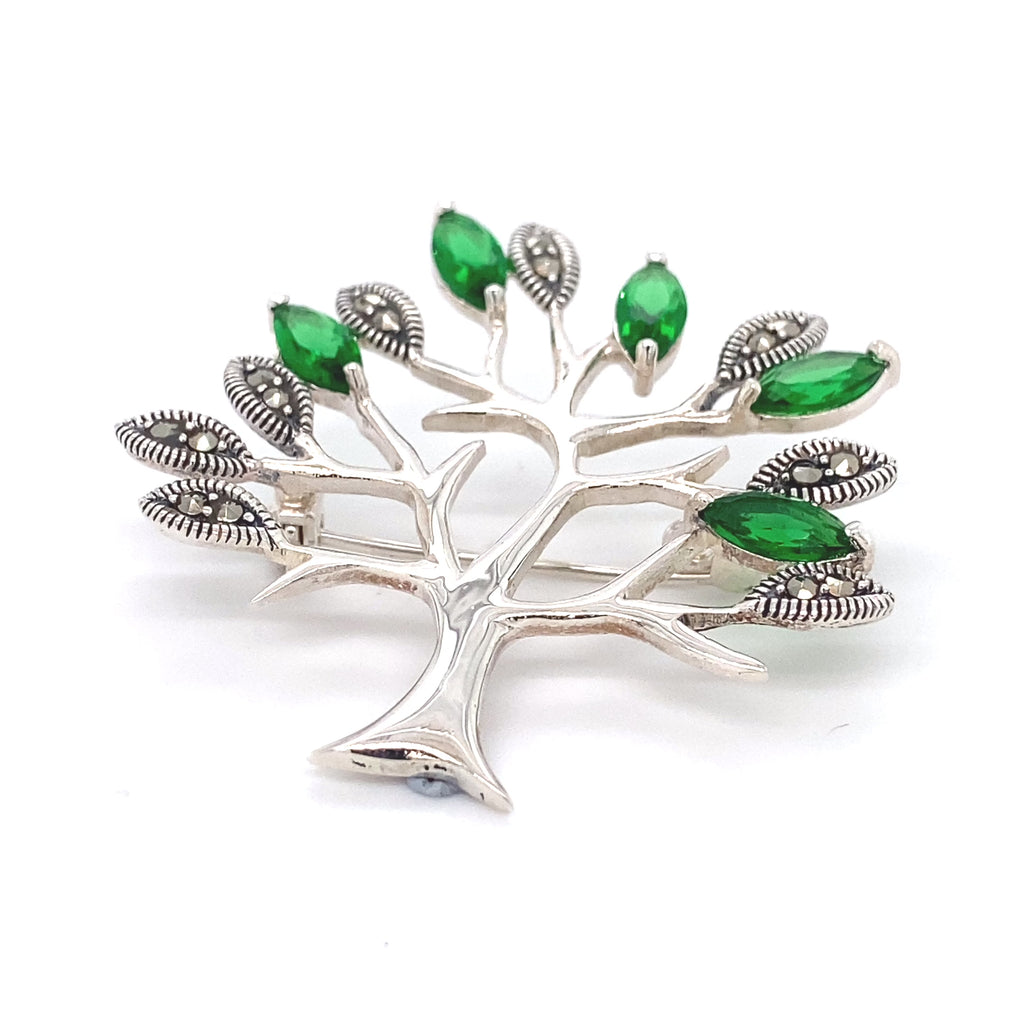 Silver Marcasite Tree Brooch with Green Stones