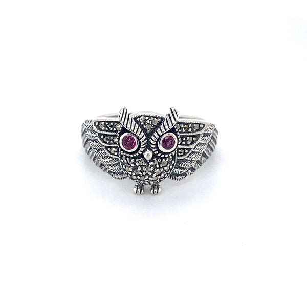 Sterling Silver Marcasite Owl Ring With Ruby Eyes