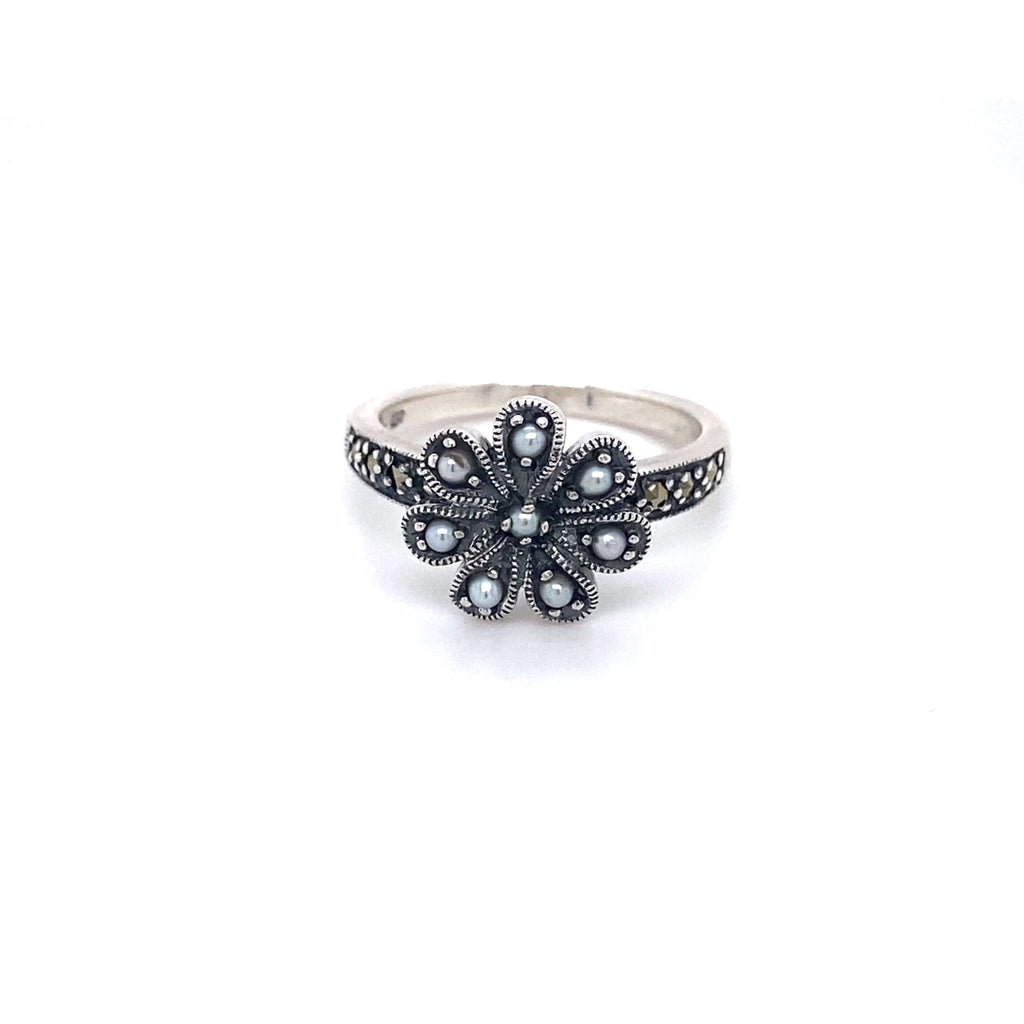 Silver Marcasite and Seed Pearl Flower Ring