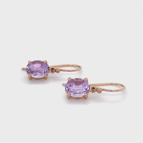 9ct Rose Gold Oval Amethyst Drop Earrings