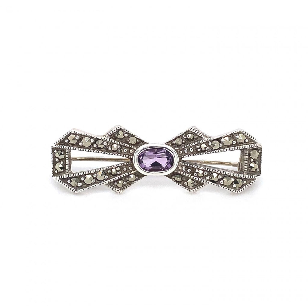 Sterling Silver Amethyst And Marcasite Bow Brooch