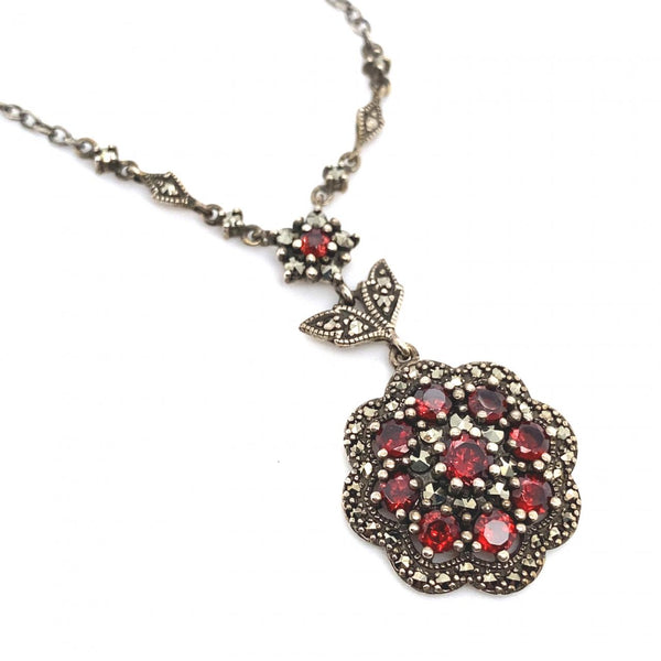 Sterling Silver Garnet And Marcasite Necklace