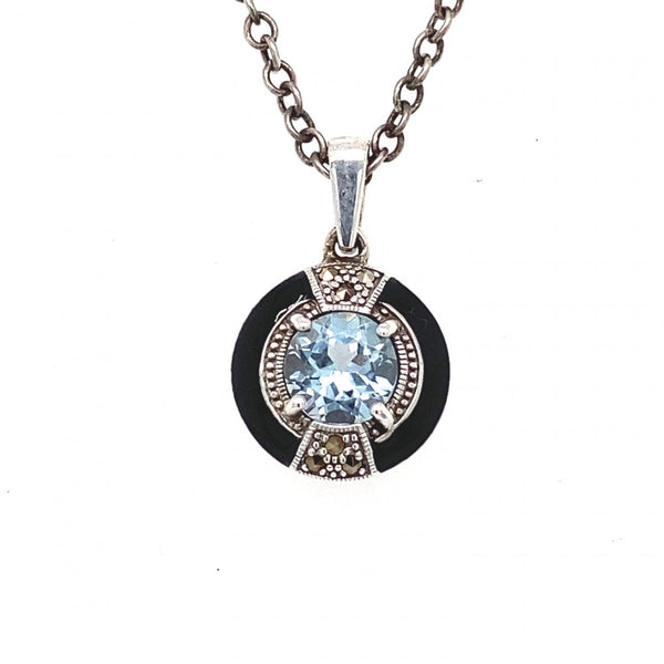 Sterling Silver Blue Topaz And Black Enamel Marcasite Neckalce