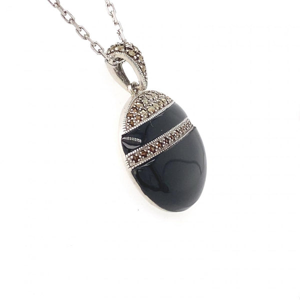 Sterling Silver Pendant With Round Onyx And Marcasites 