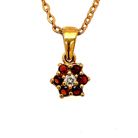 9ct Yellow Gold Garnet And Diamond Flower Pendant 