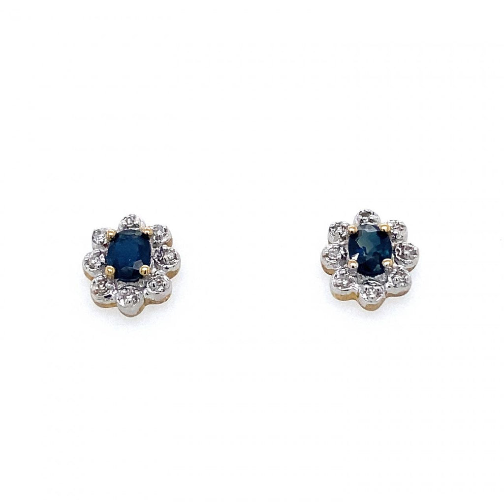 9ct Yellow Gold Sapphire And Diamond Flower Stud Earrings