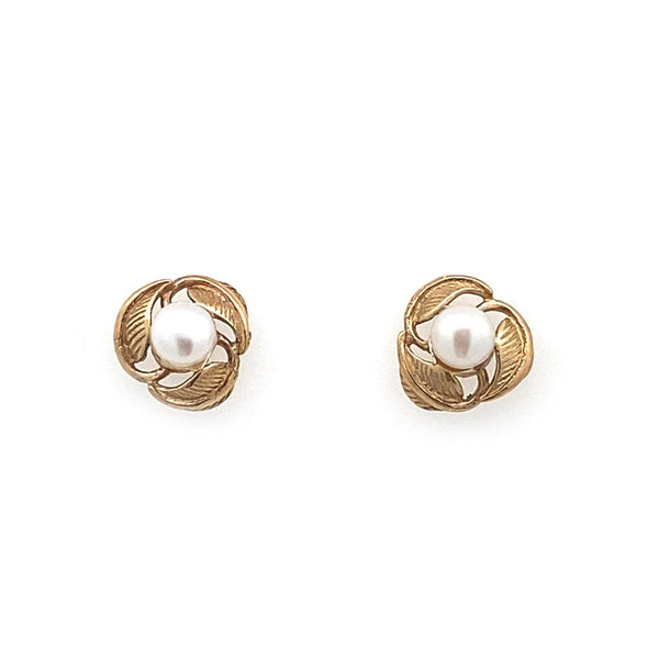 9ct Yellow Gold Freshwater Pearl Leaf Design Earrings