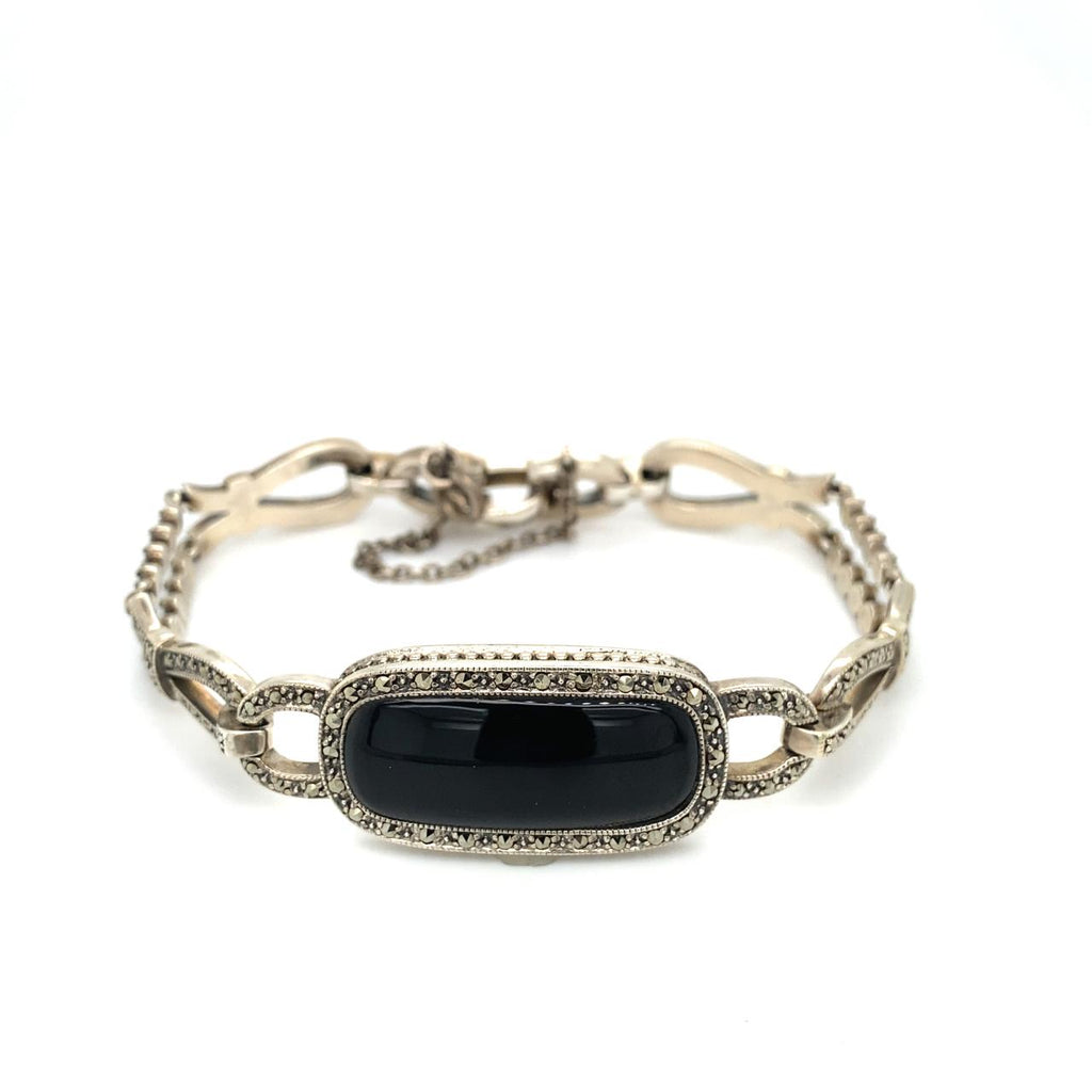 Sterling silver and large rectanglar Black Onyx stone and Marcasite Bracelet