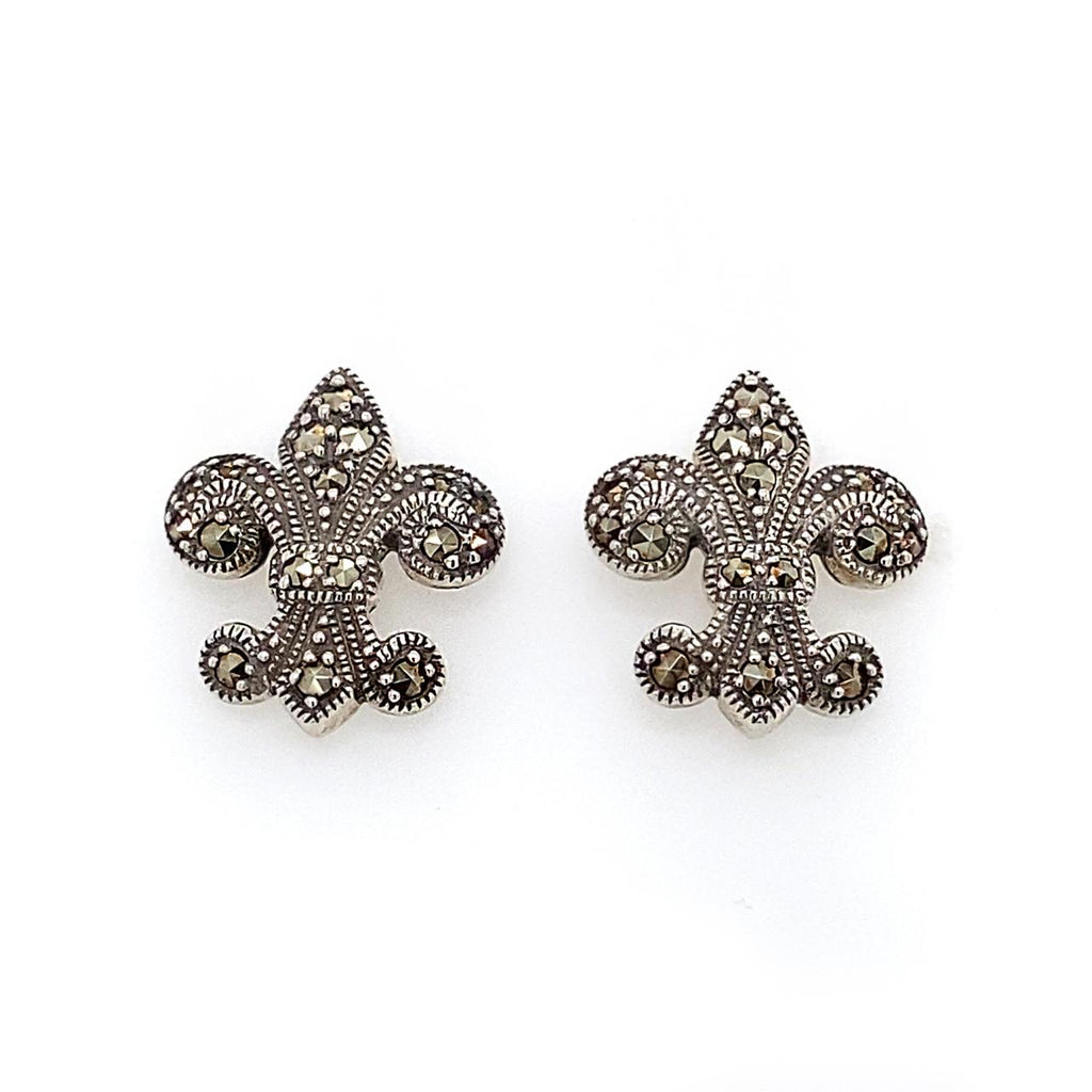 Sterling Silver Fleur De Lys Marcasite Stud Earrings