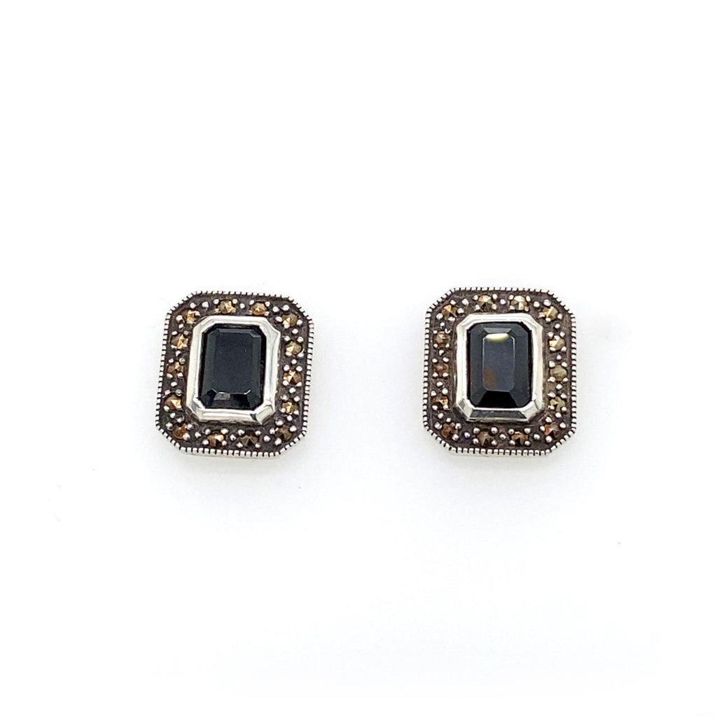 Sterling Silver Onyx and Marcasite Stud Earrings