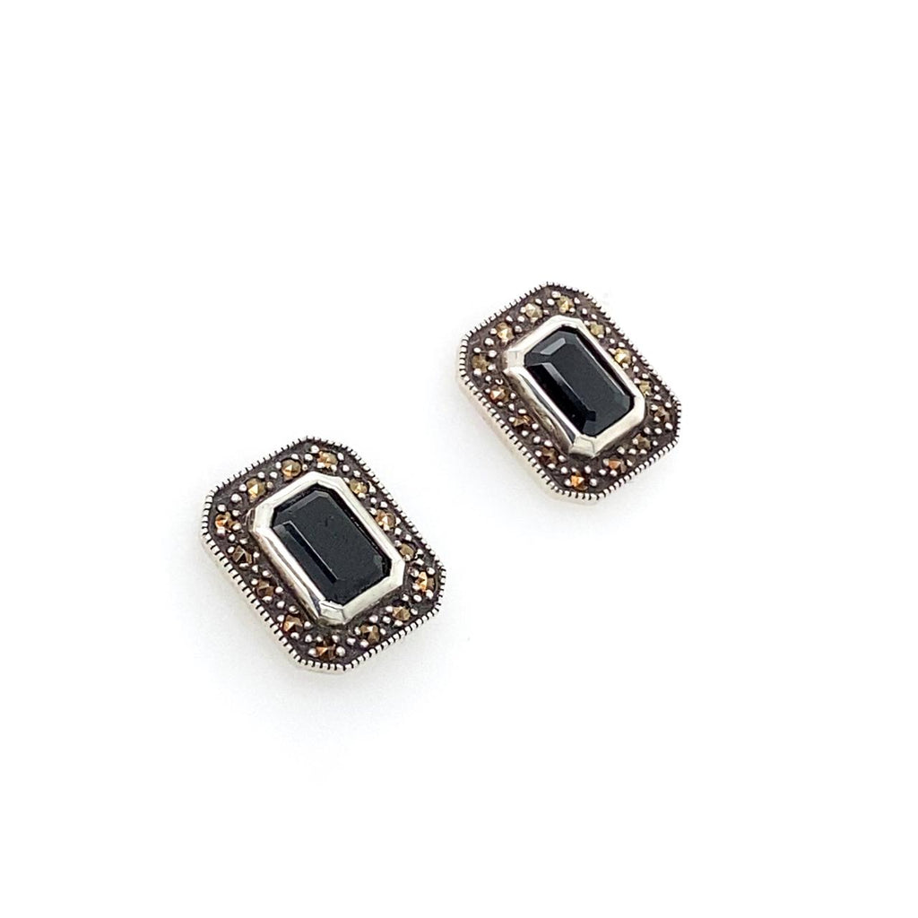 Sterling Silver Onyx and Marcasite Stud Earrings