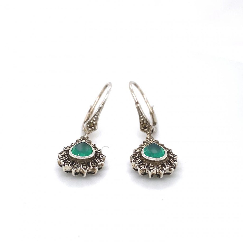 Sterling Silver Marcasite And Green Agate Drop Earrings