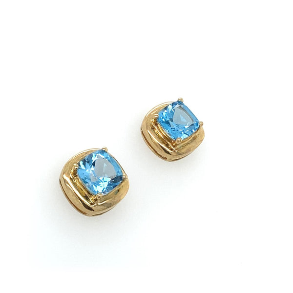 9ct Yellow Gold Cushion Cut Blue Topaz Stud Earrings 