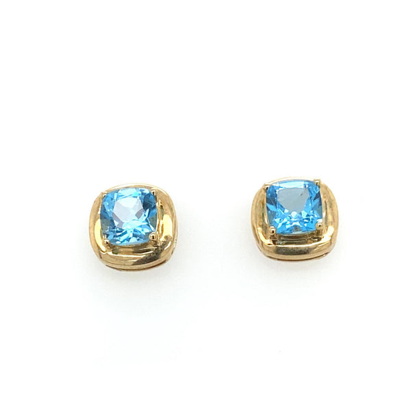 9ct Yellow Gold Cushion Cut Blue Topaz Stud Earrings 