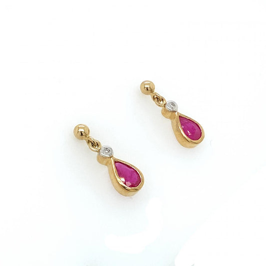 9ct Yellow Gold Ruby And Diamond Drop Earrings