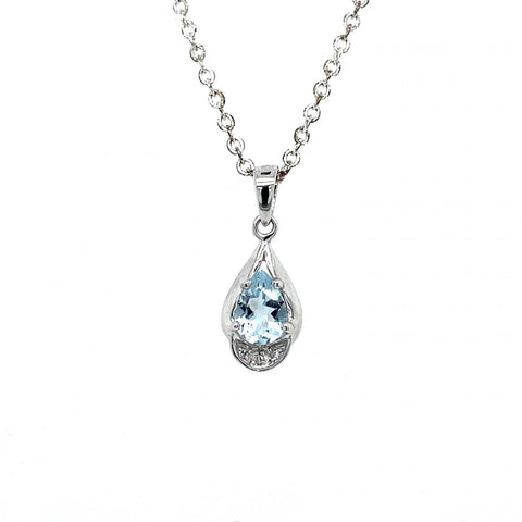 9ct white gold teardrop Light Aquamarine & Diamond Pendant.