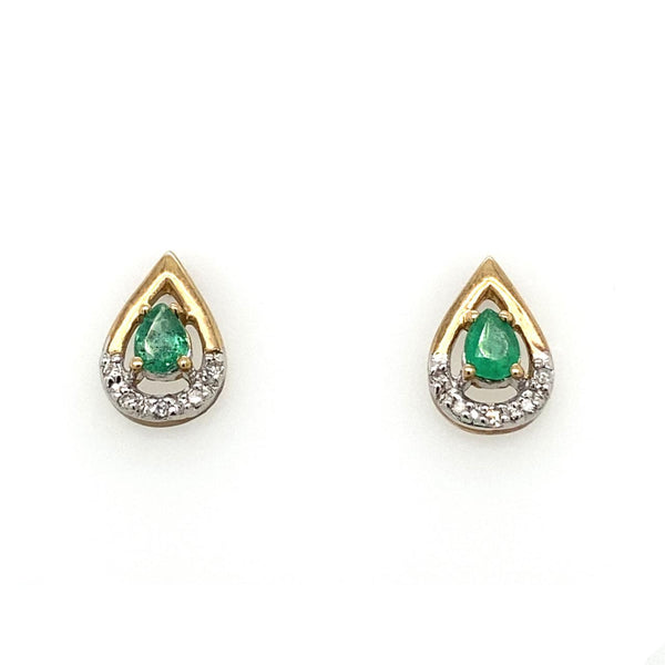 9ct Yellow Gold Natural Emerald And Diamond Teardrop Earrings