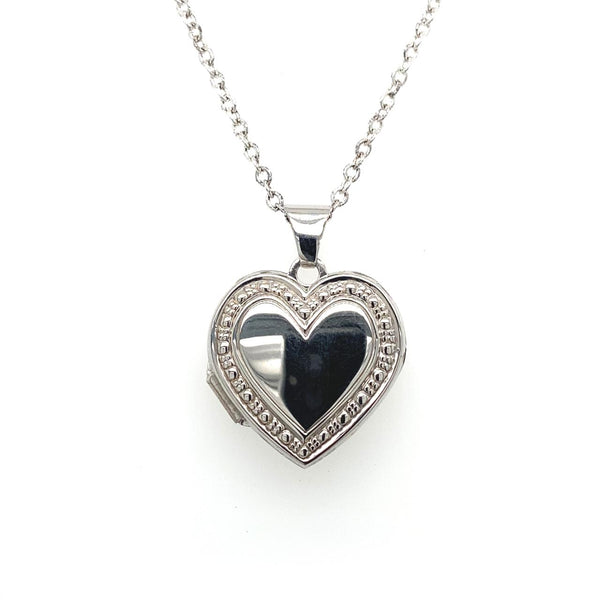  	9ct White Gold Beaded Heart Locket