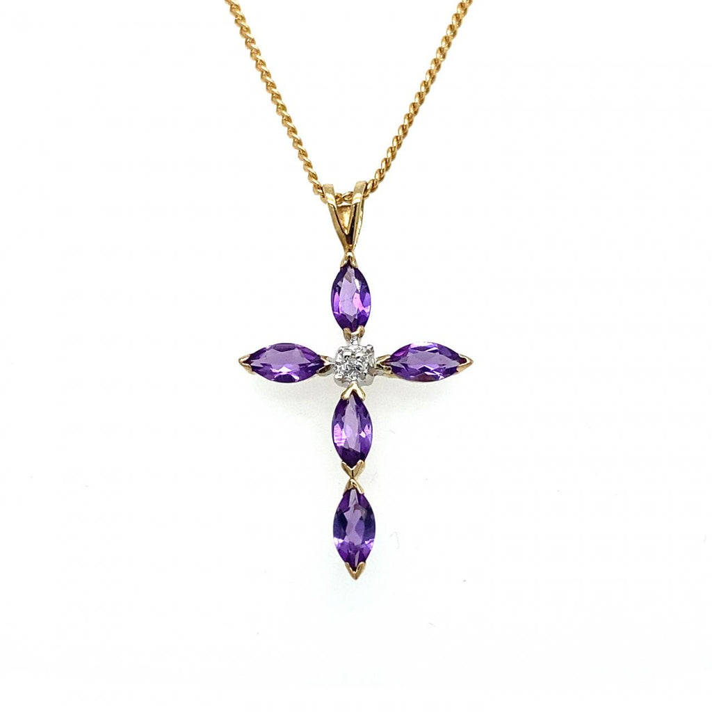 9ct Yellow Gold Amethyst And Diamond Cross Pendant