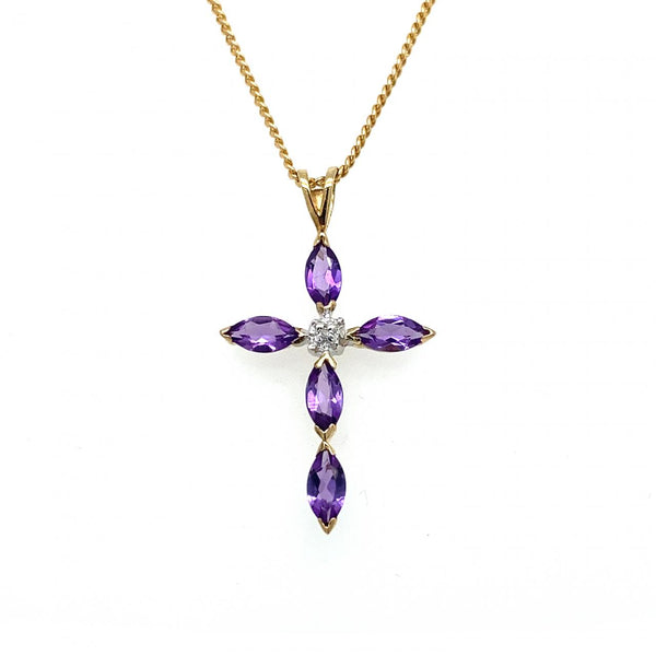 9ct Yellow Gold Amethyst And Diamond Cross Pendant