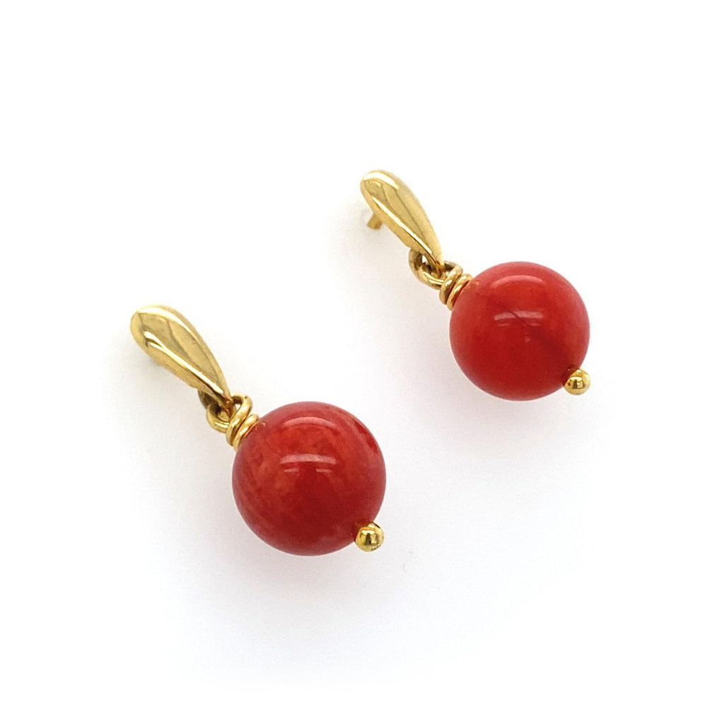 9ct Yellow Gold Red Coral Drop Earrings