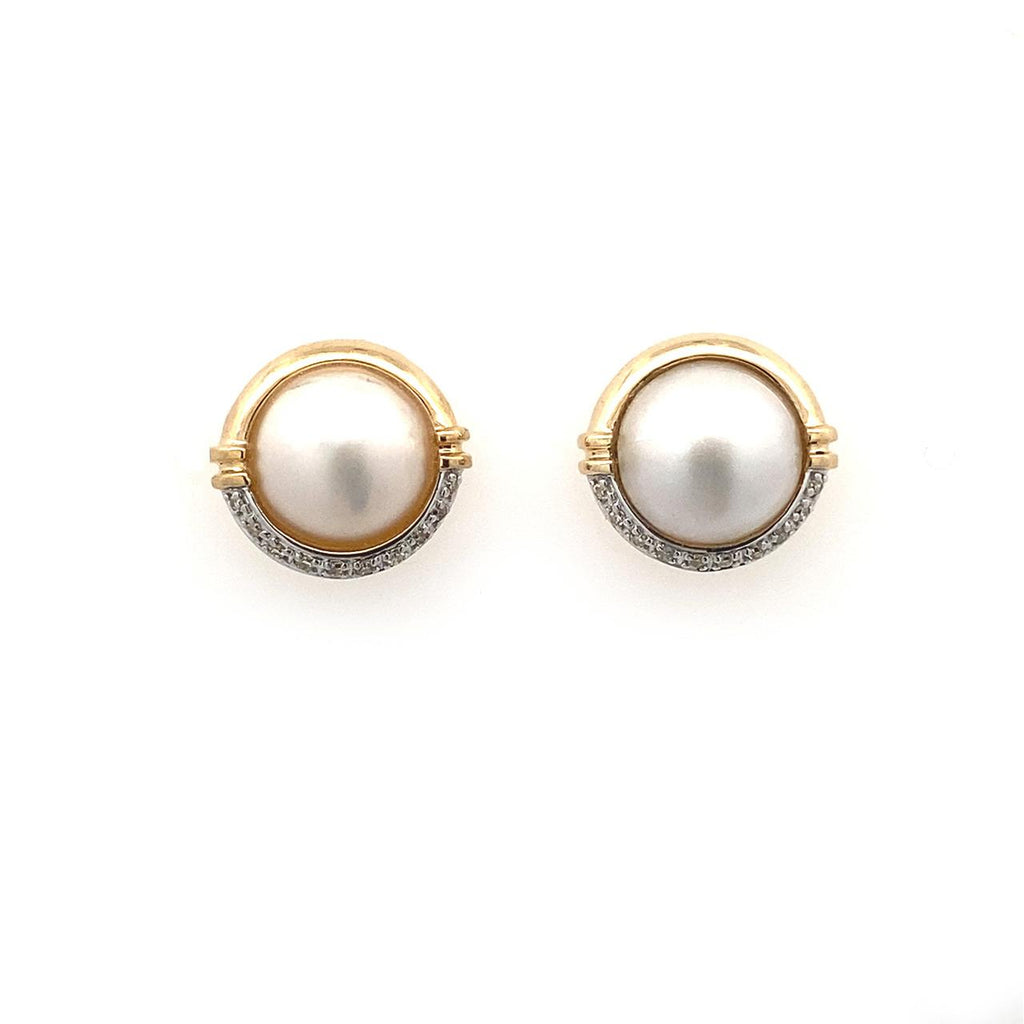 9ct Yellow Gold Mabe Pearl And Diamond Stud Earrings 
