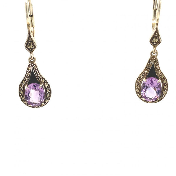 Sterling Silver Amethyst And Marcasite Drop Earrings