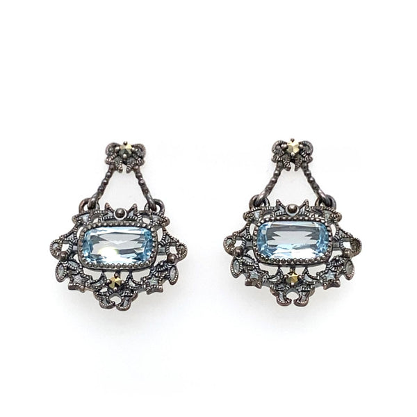 Sterling Silver Blue Topaz Delicate Marcasite Stud Drop Earrings