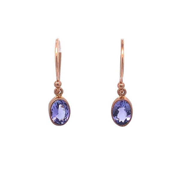 9ct Rose Gold Oval Tanzanite Bezel Set Drop Earrings