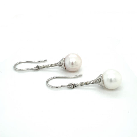 9ct White Gold Freshwater Pearl And Diamond Drop Earrings