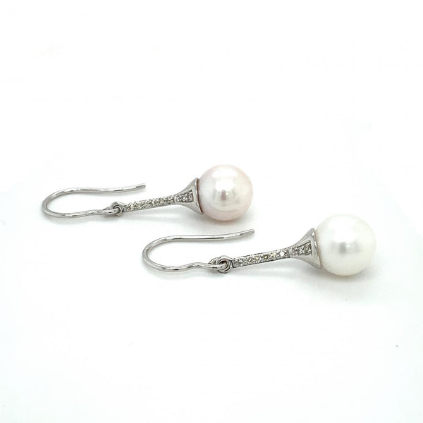 9ct White Gold Freshwater Pearl And Diamond Drop Earrings