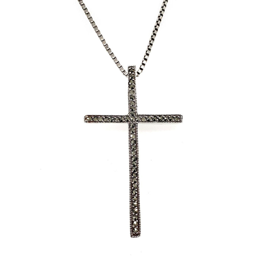 Sterling Silver large marcasite set cross with extendable box chain included