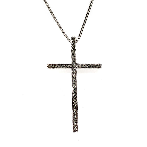 Sterling Silver large marcasite set cross with extendable box chain included