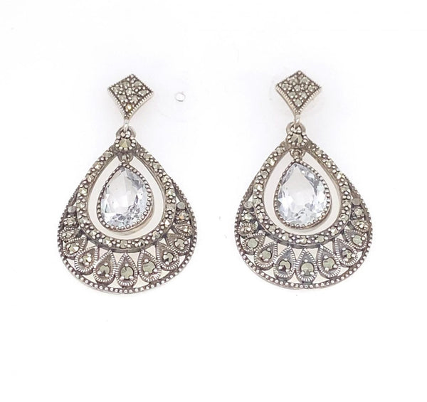 Sterling Silver Marcasite Clear Topaz Drop Earrings