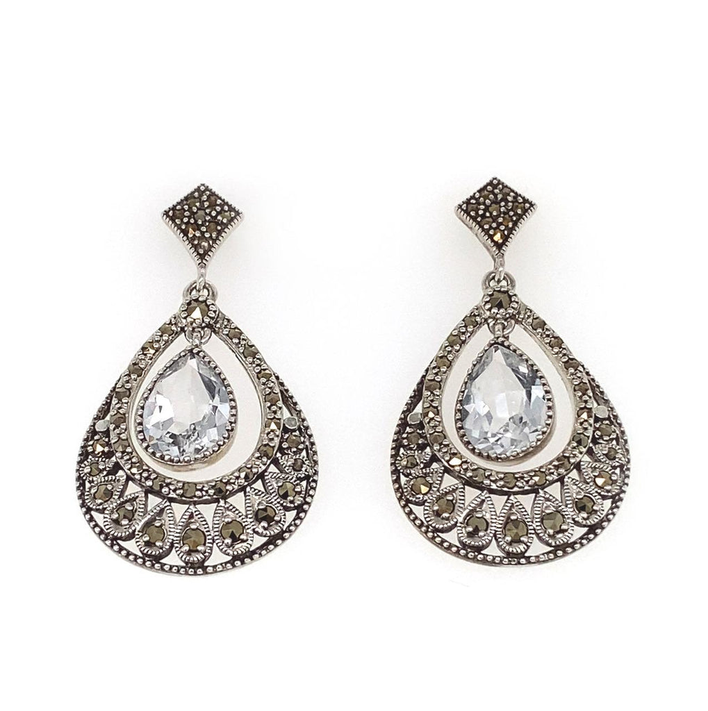 Sterling Silver Marcasite Clear Topaz Drop Earrings